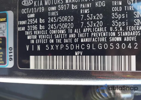 2020 Kia Telluride Sx z USA, uszkodzony, nr VIN 5XYP5DHC9LG053042